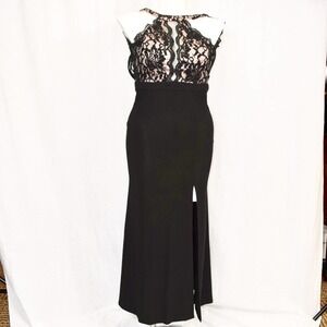 MORGAN & CO long black open back, lace top formal maxi dress, size 1